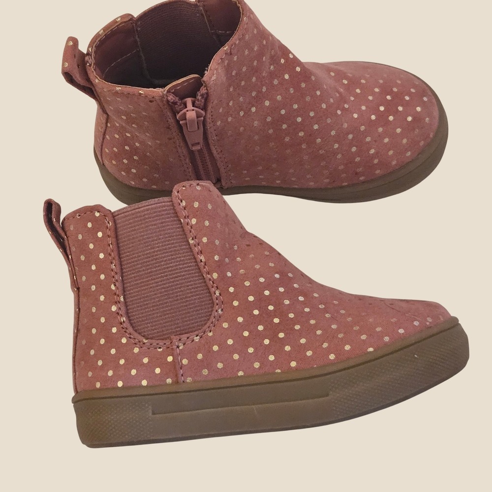 Gap Kids Pink Suede Gold Polka Dot Chelsea Boots Side Zip Ankle Shoes Size 6